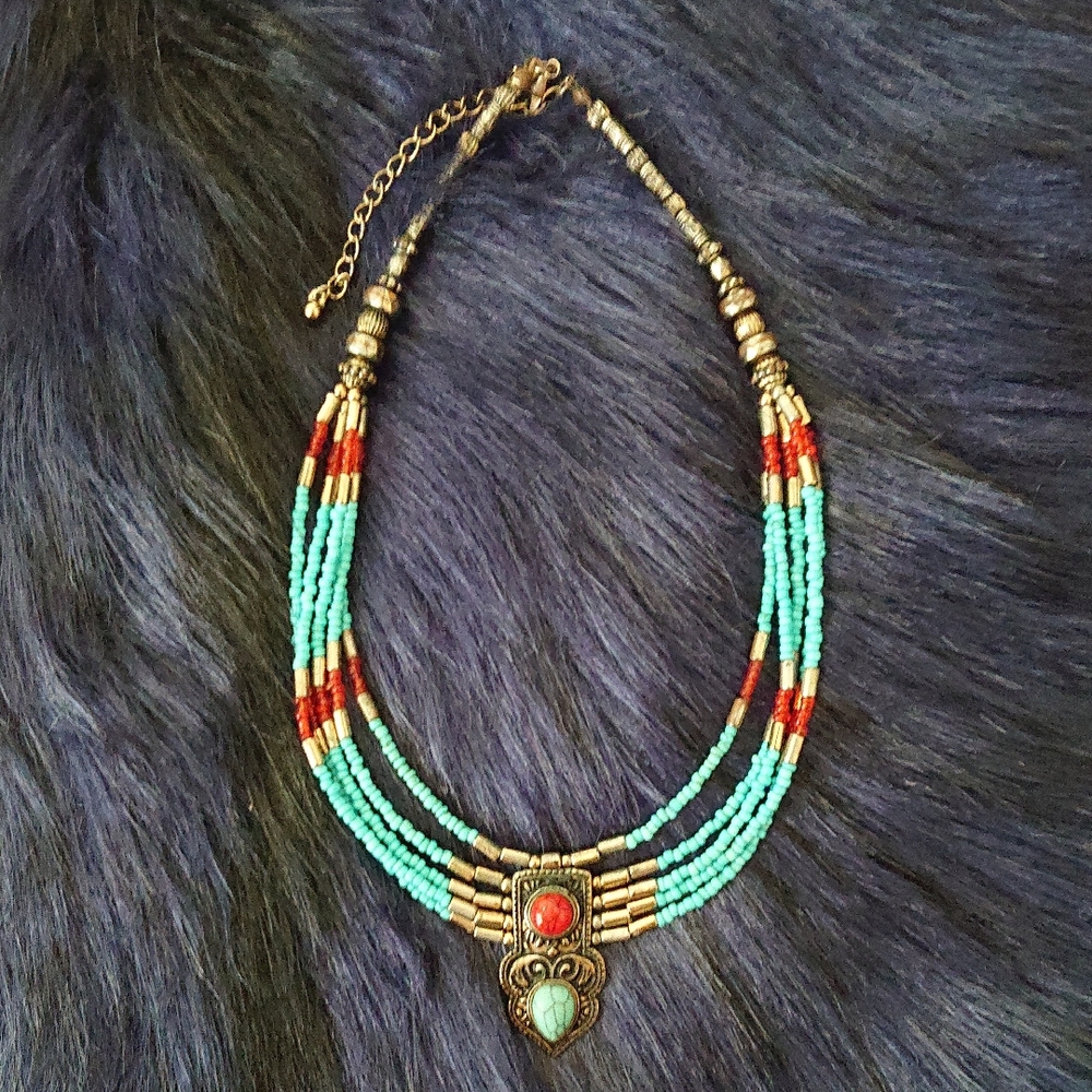 Handmade Turquoise and Red Beaded Necklace